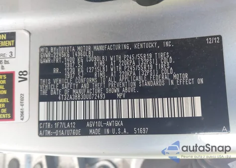 2013 Toyota Venza Xle из США, поврежденный, VIN 4T3ZA3BB3DU072493